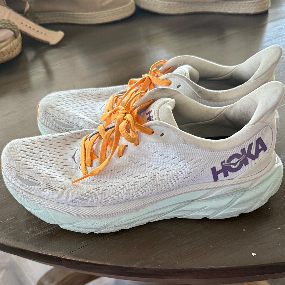 Hoka Clifton size 10 White with Orange/Purple Accents Running Shoes - Picture 4 of 6